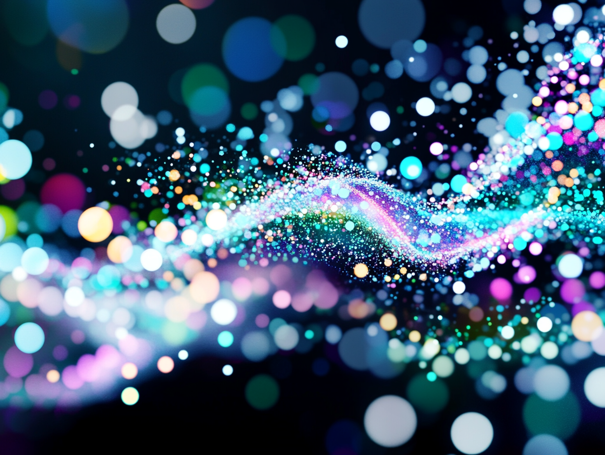 Colorful digital particles forming a swirling wave on a dark background.