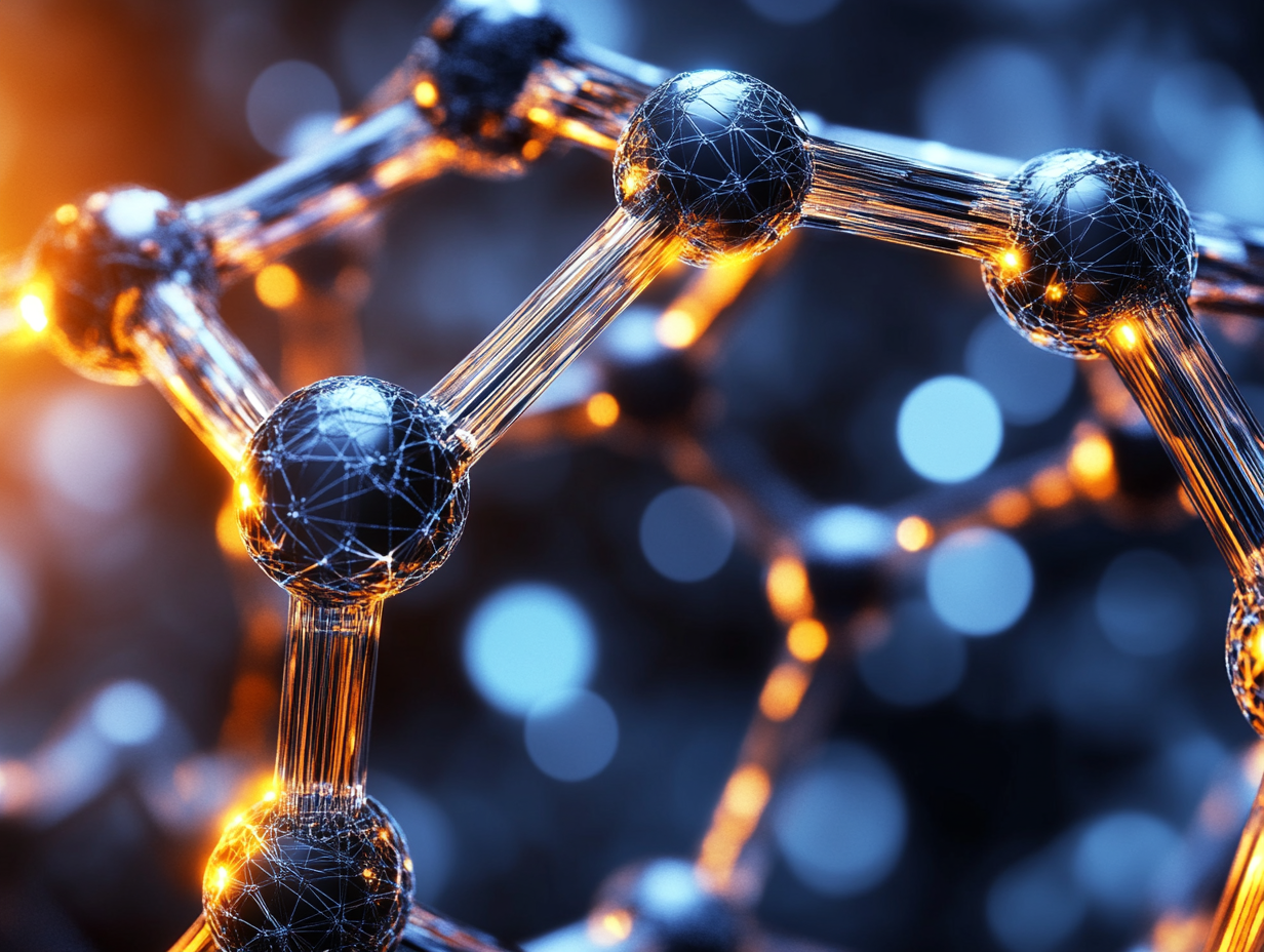 Macro shot of a futuristic molecular structure with glowing nodes and transparent connections.