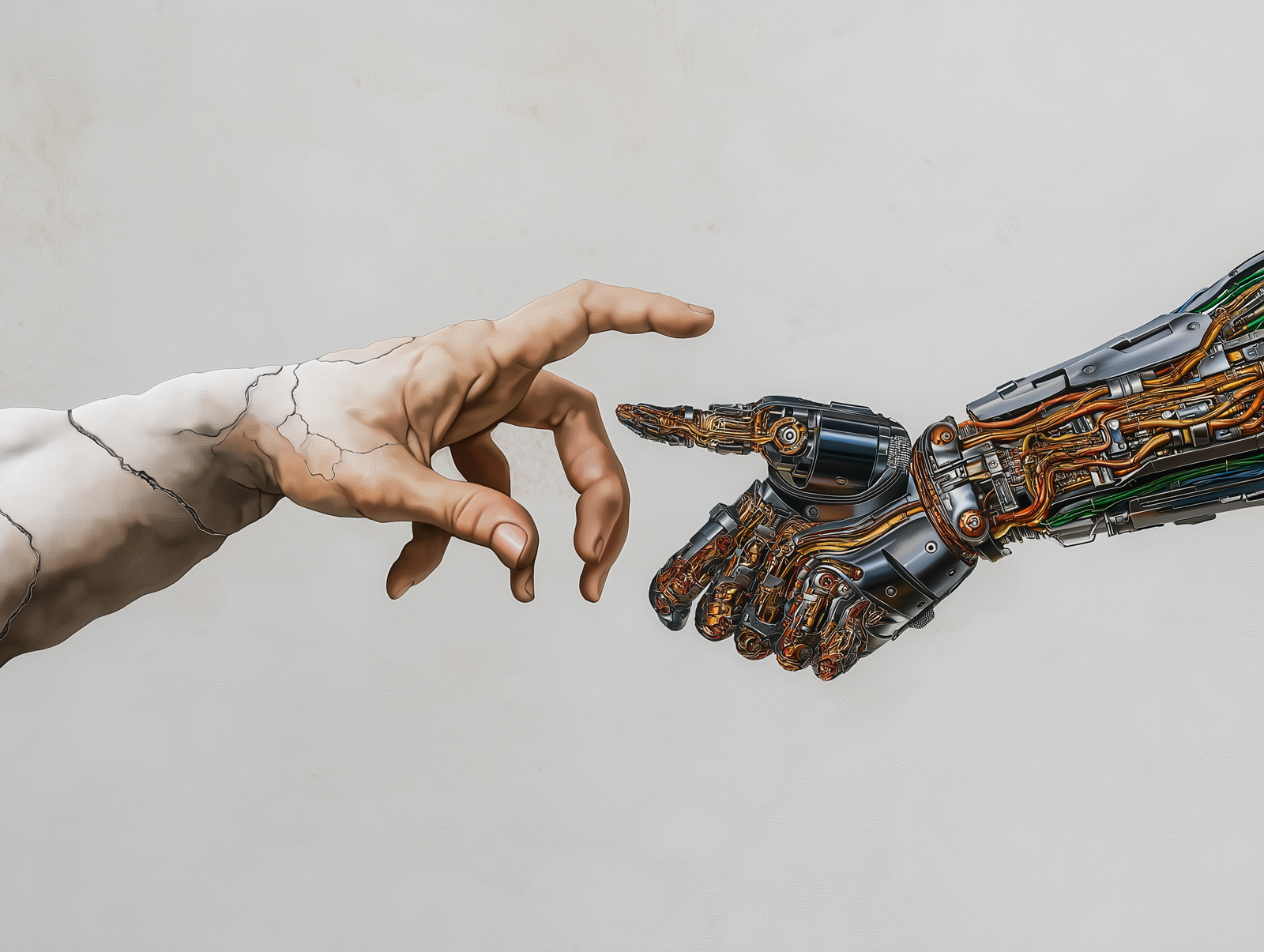 Human hand reaching toward a robotic hand in a futuristic reinterpretation of Michelangelo’s Creation of Adam