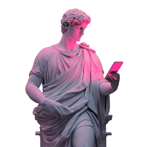 Ancient marble statue seated and illuminated in pink, looking at a smartphone