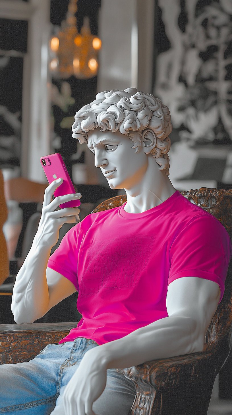 Classical statue of David wearing a bright pink t-shirt and using a smartphone