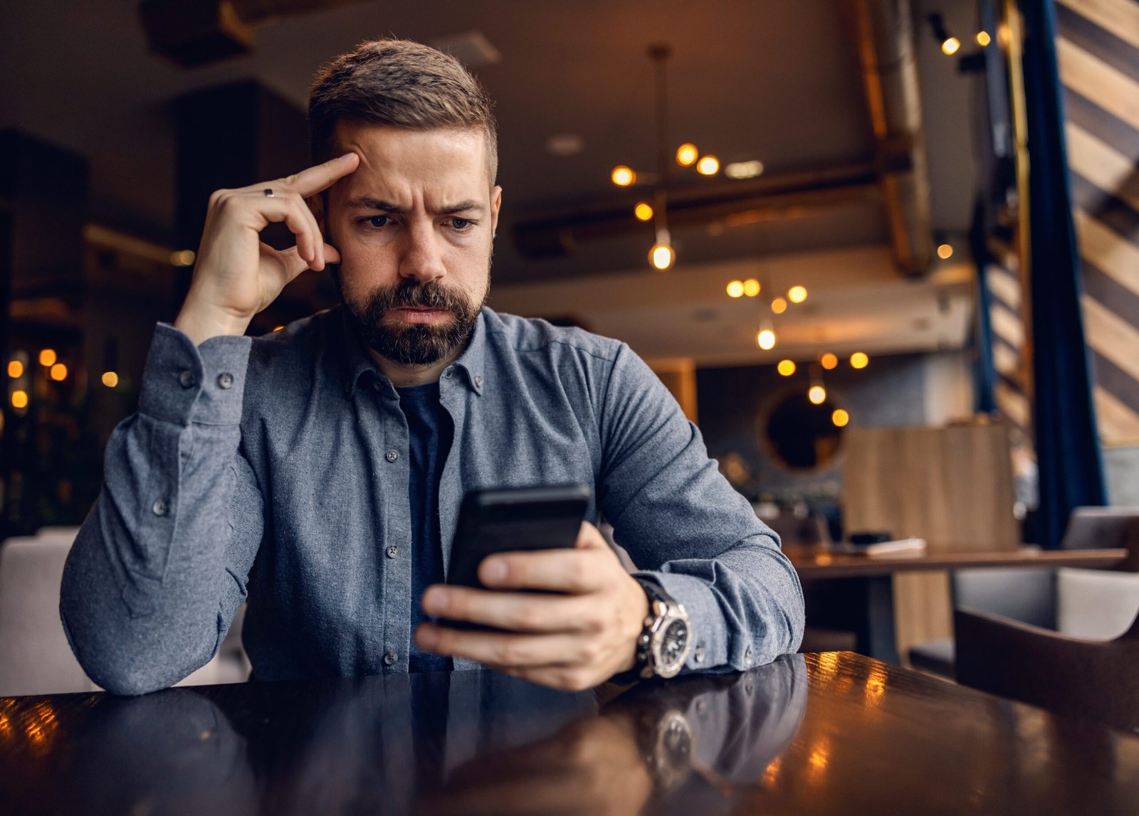 Concerned man looking at his phone in a modern café, representing cautious consumer behavior in a slow economy